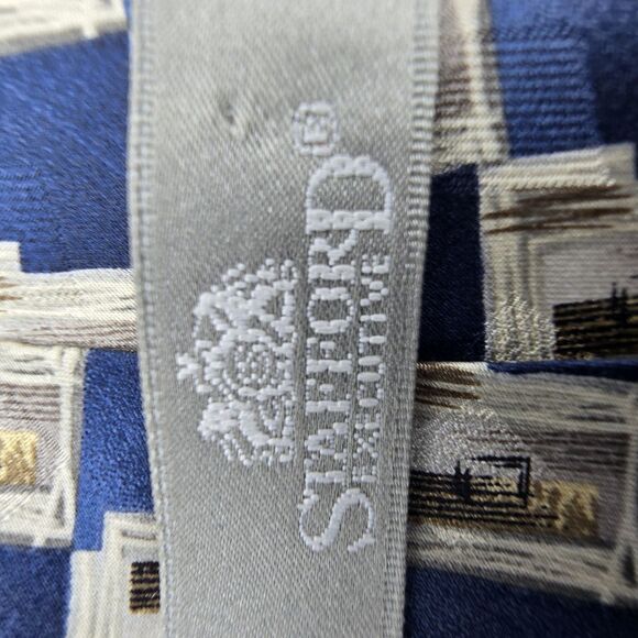 Stafford Mens Necktie 100% Silk Blue Tan Geometric Business Tie 57 x 4 Vintage - Picture 4 of 6
